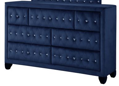 Modern Style Crystal Tufted Upholstery 7-Drawer Dresser finished with Velvet Fabric made with Wood in Blue