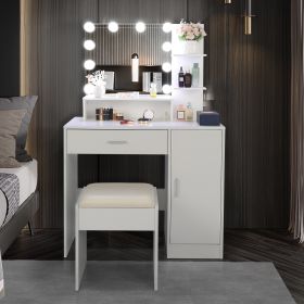 FCH Large Vanity Set with 10 LED Bulbs, Makeup Table with Cushioned Stool, 3 Storage Shelves 1 Drawer 1 Cabinet, Dressing Table Dresser Desk for