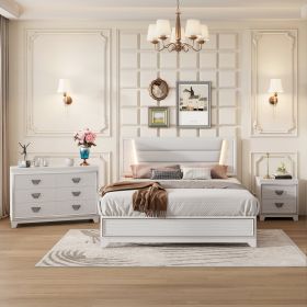 3-Pieces Bedroom Sets Queen Size Upholstered Bed with LED Lights, Nightstands and Dresser with Metal Handles and Sparkling Shiny Decoration, Whit