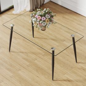 Modern minimalist rectangular transparent tempered glass dining table, 0.4 inches thick, black metal legs, suitable for kitchen, dining room