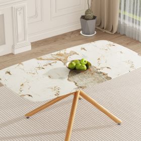 Large modern minimalist rectangular dining table with 0.39 "imitation marble top and wood colored metal legs, suitable for kitchen, dining room