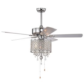 52'' Classical Crystal Ceiling Fan Lamp 3 Speed Hand Pull Chain (High, Mid, Low), 5 Reversible Blades for Living Room, Dining Room, Bedroom