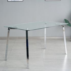 Modern minimalist rectangle glass dining table, transparent glass tabletop and electroplate metal legs, suitable for kitchens, restaurants