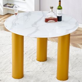 Round white dining table, artificial marble glass stickers, golden MDF legs, kitchen dining table, living room dining table 40 "* 40" * 29.4 "F-X
