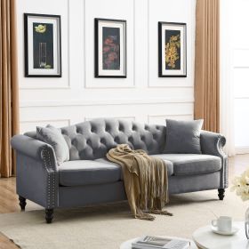[Video] 79" Chesterfield Sofa Grey Velvet for Living Room, 3 Seater Sofa Tufted Couch with Rolled Arms and Nailhead for Living Room, Bedroom, Off