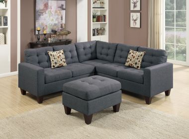 Modular Sectional w Ottoman Blue Grey Polyfiber 4pcs Sectional Sofa LAF And RAF Loveseat Corner Wedge Ottoman Tufted Cushion Couch