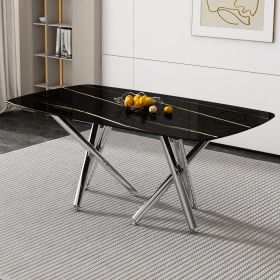 Large modern minimalist rectangular dining table with 0.39 "imitation marble black tabletop and silver metal legs, suitable for kitchens, living