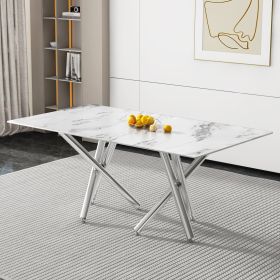 Large Modern Simple Rectangular Glass Dining Table for 6-8 People with 0.39-inch white imitation marble desktop and Silver Metal Legs for Kitchen