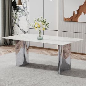 Modern minimalist dining table. The white imitation marble glass desktop is equipped with silver metal legs. Suitable for restaurants and living