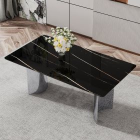 Modern minimalist dining table. The black imitation marble glass desktop is equipped with silver metal legs. Suitable for restaurants and living