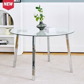 Modern minimalist ROUND glass dining table, transparent glass tabletop and chrome metal legs, suitable for kitchens, restaurants