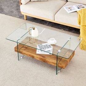 43.3 Inch Modern Two-Tier Coffee Table - An Elegant Combination of Clear Glass and Light Wood Texture Sticker.It can be used not only as a coffee