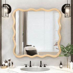 Solid Wood Wavy Square Mirror-Natural Wood 36" x 36" Modern Mirror Wall Decor for Bathroom, Bedroom, Living Room, Dining Room, Cloakroom, Entrywa