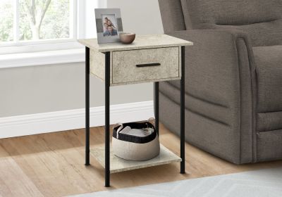 Accent Table, 2 Tier, End, Lamp, Living Room, Side Table, Storage Drawer, Small, Cream Stone Laminate, Black Metal, Contemporary