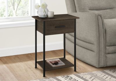 Accent Table, 2 Tier, End, Lamp, Living Room, Side Table, Storage Drawer, Small, Dark Oak Laminate, Black Metal, Contemporary