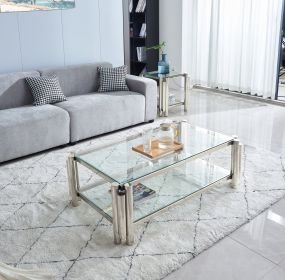 47" Wide Rectangle Modern Stainless Steel Coffee Table, Double-Layer Clear Tempered Glass Coffee Table, Center Table with Storage