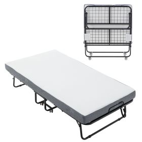 Folding Bed Cot With Mattress For Adults,  Foldable Metal Frame Bed For Guest With Memory Foam Mattress On Wheels, Saving Space Rollaway Bed (Option: 75X38 in)