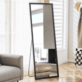 Hird Generation Black Solid Wood Frame Full Body Mirror, Bold Border, Bathroom Makeup Mirror, Bedroom Porch, Decorative Mirror, Clothing Store, F (Color: Black)