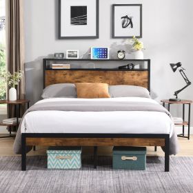 King Size Metal Platform Bed Frame with Wooden Headboard and Footboard with USB LINER, No Box Spring Needed, Large Under Bed Storage, Easy Assemb (Color: as Pic)