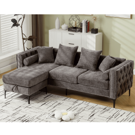 [NEW ARRIVED] [VIDEO PROVIDED]L Shaped Sectional Sofa , Convertible Storage Ottoman,Chenille ,Square Arm, Modern Tufted Couch ,3 Seater, And Nail (Color: as Pic)