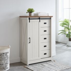 5 Drawers Dresser w/Sliding Barn Door, Farmhouse Modern Tall Dresser 5 Chest of Drawers, Storage Organizer Dresser for Bedroom, Hallway, Living R (Color: White, Material: MDF+Metal)