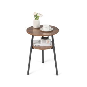 Simple Style 2-Tier Round End Table with Metal Frame (Type: Side Table, Color: walnut)
