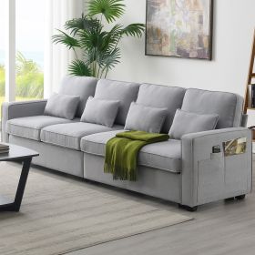 [VIDEO provided] [New] 104" 4-Seater Modern Linen Fabric Sofa with Armrest Pockets and 4 Pillows,Minimalist Style Couch for Living Room, Apartmen (Color: as Pic)