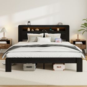 Bed Frame King Size, Wood Platform Bed Frame with Storage LED Light Headboard and 2 USB , Noise Free,No Box Spring Needed and Easy Assembly Tool (Main Material: Wood+Metal, Main Color: Black)
