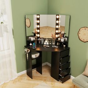 Corner Vanity Desk with 3-Color LED Lighted Mirror and Power Outlet (Main Material: Engineered Wood, Main Color: Black)