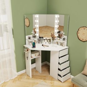 Corner Vanity Desk with 3-Color LED Lighted Mirror and Power Outlet (Main Material: Engineered Wood, Main Color: White)