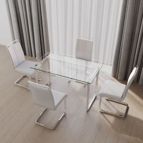 51 inch Glass Dining Table Set for 4, Dining Table & Chair Sets with Silver Plating Legs for Kitchen (Color: Plating+White PU plating Leg)