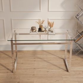 51" Modern Minimalist Rectangular Glass Dining Table for 4-6 with 0.31" Tempered Glass Tabletop and Black Chrome Metal Legs, Writing Table Desk (Color: silvery)