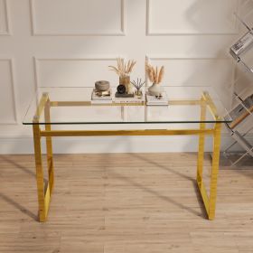 51" Modern Minimalist Rectangular Glass Dining Table for 4-6 with 0.31" Tempered Glass Tabletop and Black Chrome Metal Legs, Writing Table Desk (Color: golden)