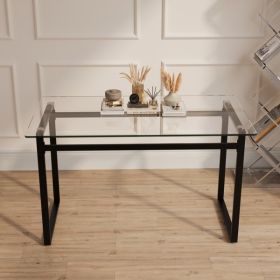 51" Modern Minimalist Rectangular Glass Dining Table for 4-6 with 0.31" Tempered Glass Tabletop and Black Chrome Metal Legs, Writing Table Desk (Color: as picture)